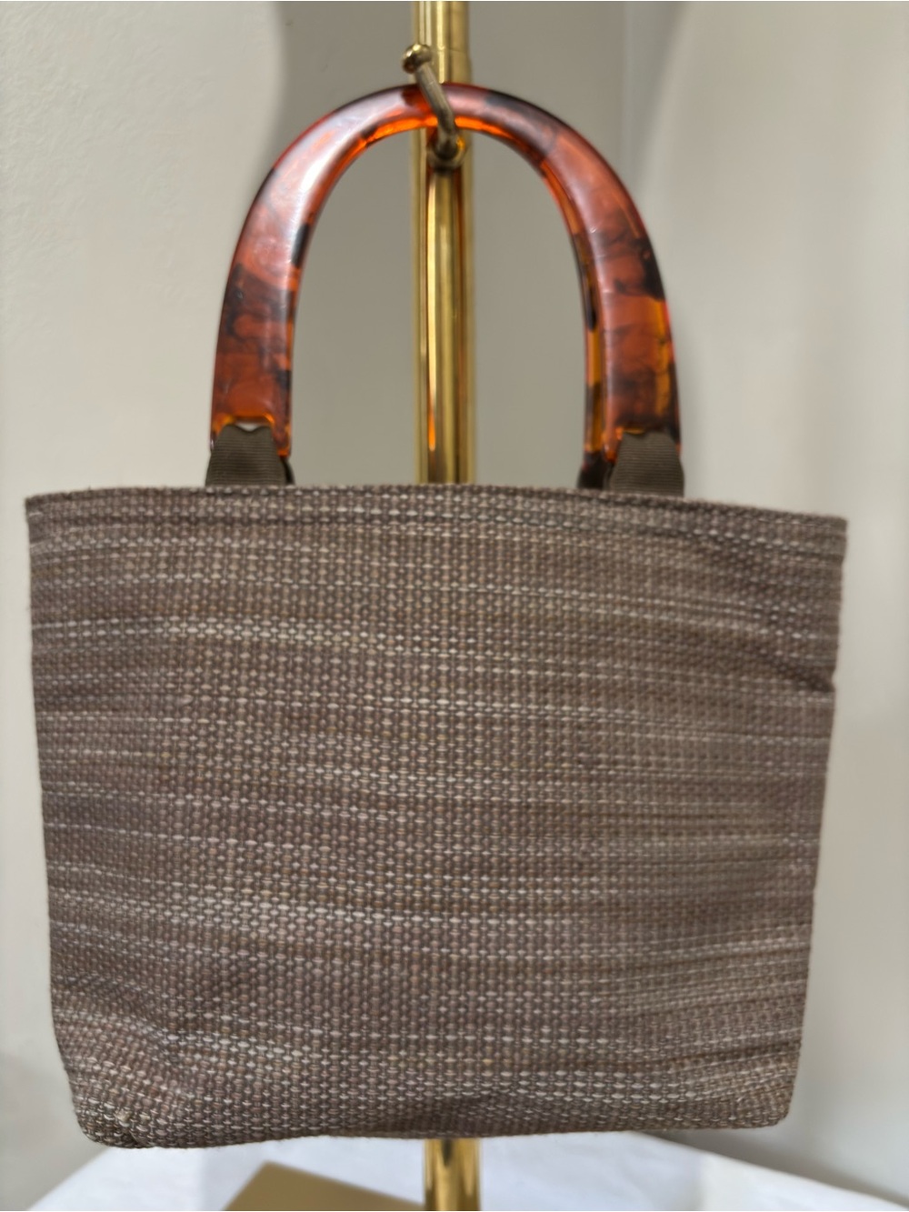 Classic Brown Woven Tote Bag with Tortoiseshell Top Plastic Handles